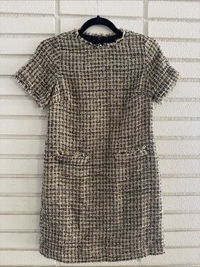 Ann Taylor Classic Fringe Tweed Shift Dress in Black and Cream 0P NWT